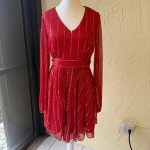 Chic Me Red Gold Sequin Stripe Dress Large V-Neck Long Sleeve Pleated Holiday